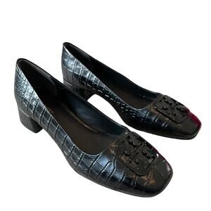 TORY BURCH Women Croc Leather Georgia Pump 25mm Black Size 7.5 New In Box
